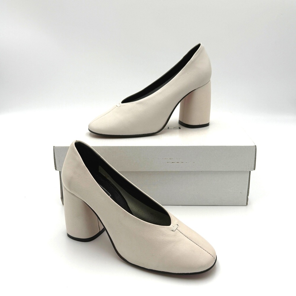 Ethem Dresser Nappa White Leather Block Heel Pumps Square Toe Size 36